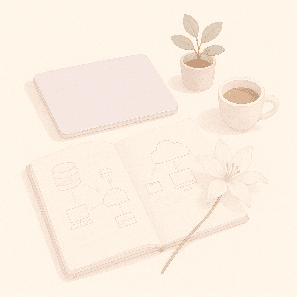 A desk flat-lay: an open notebook of network diagrams, a laptop, a small plant, coffee, and a white lily